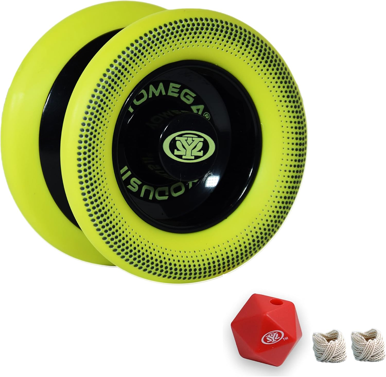 Yomega Xodus II wide-body yo-yo with yellow rims and a black center